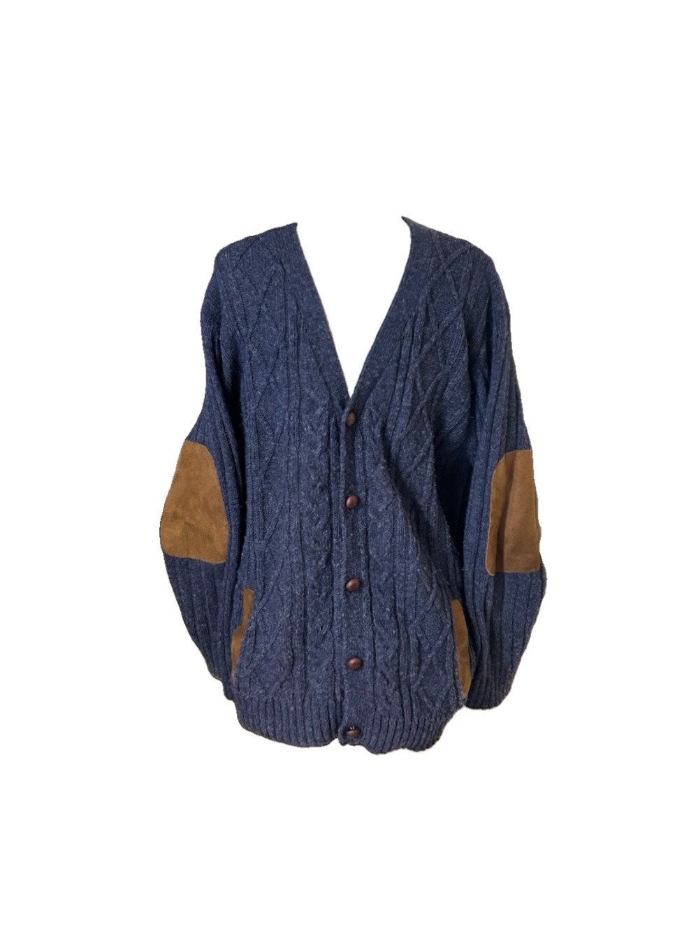 Woolrich Sweater Cardigan Mens XL Heather Deep Navy Wool Cable Knit Fisherman